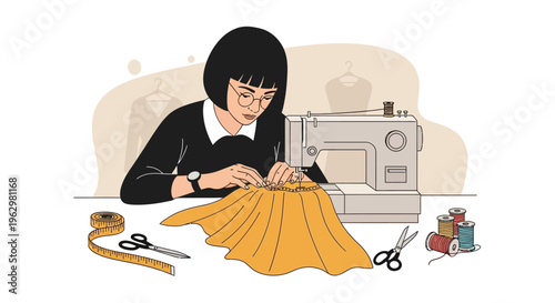 Young Woman Seamstress Working with Sewing Machine on Fabric in Fashion Workshop Illustration