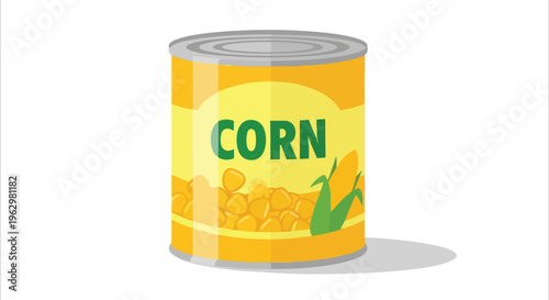 Vibrant yellow canned corn illustration featuring whole kernels and a fresh cob design perfect for grocery store themes and food preparation imagery