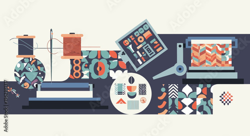 Modern Abstract Textile and Sewing Illustration with Thread Spools, Fabric Patterns, and Tailoring Tools in Flat Design Style
