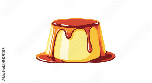 Stylized illustration of a creamy golden flan dessert adorned with flowing, glossy caramel sauce cascading delicately down its perfectly rounded