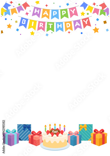 誕生日フレーム縦型 ガーランドとプレゼントの装飾デザイン