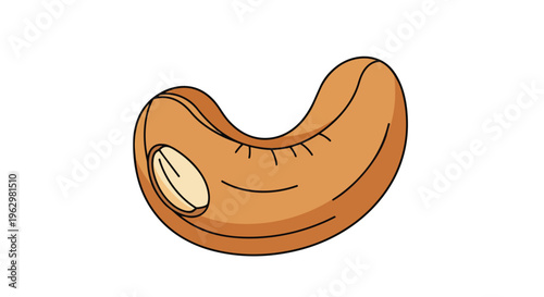 A delightful cartoon illustration of a single nutritious cashew nut on a pristine white backdrop for culinary themes