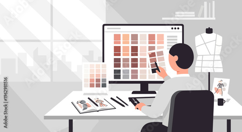 Fashion Designer Working in Creative Studio Workspace, Male Character Designing Clothes with Color Palette on Computer Screen and Graphics Tablet, Modern Flat Illustration