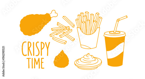 Vibrant Crispy Fast Food Combo Illustration with Fried Chicken, Golden French Fries, Soda, Ketchup, and Mayonnaise for Snack Time and Quick Meals