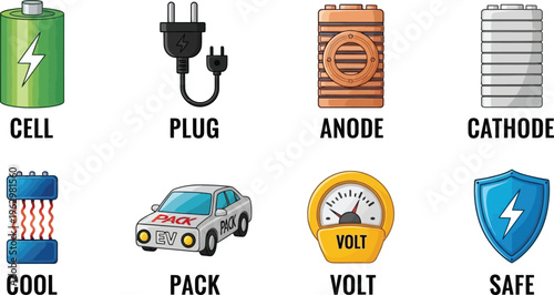 Collection of battery and energy icons including cell plug anode cathode pack volt meter and safe shield symbols for electrical concepts isolated on white