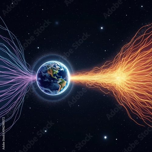 Surreal Cosmic Illustration of Earth with Saturn-like Rings and Solar Flare Activity