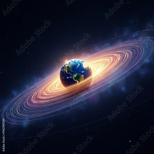 Surreal Cosmic Illustration of Earth with Saturn-like Rings and Solar Flare Activity