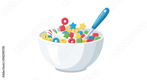 Vibrant vector illustration colorful breakfast cereal rings stars squares in white bowl with milk blue spoon. Wholesome morning meal energetic kids