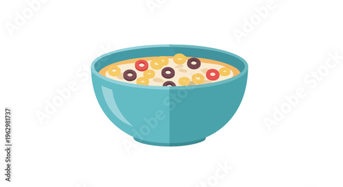 A captivating flat design illustration showcasing a cheerful teal bowl brimming with assorted vibrant ring-shaped breakfast cereals submerged in