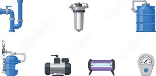 Collection of water purification system components including pipes filters pumps and UV sterilizers for plumbing and water treatment concepts