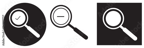 black, blue and orange zoom icon set .  magnifying glass icons with zoom plus minus check isolated on white background, EPS10