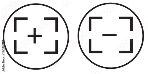 black, blue and orange zoom icon set .  magnifying glass icons with zoom plus minus check isolated on white background, EPS10