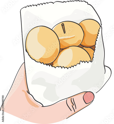 Hand drawn illustration of Taiwanese sweet potato balls in paper bag, famous night market street food snack