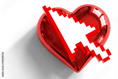 Red metallic heart with a computer mouse pointer on white background