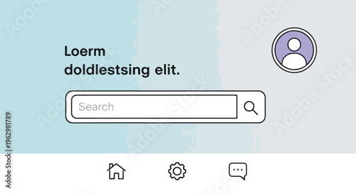 A UI design features search, profile icon, and navigation icons