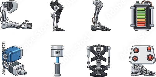 Collection of robotic limb and component icons featuring mechanical arms legs battery and control panel for futuristic technology concepts