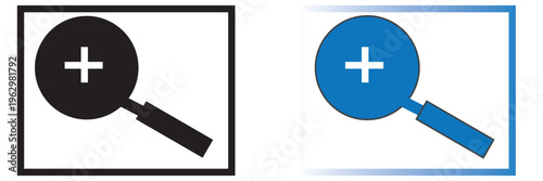 black, blue and orange zoom icon set .  magnifying glass icons with zoom plus minus check isolated on white background, EPS10