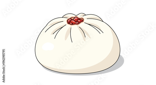 A charming and distinct digital illustration of a fresh, soft steamed bun, featuring its intricate pleated texture and a visible sweet red filling,