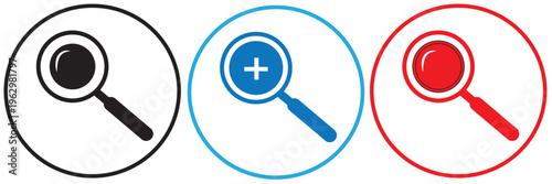 black, blue and orange zoom icon set .  magnifying glass icons with zoom plus minus check isolated on white background, EPS10