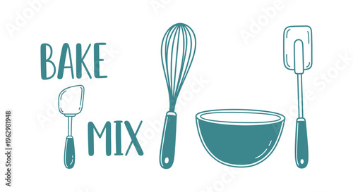 Hand-Drawn Illustration of Essential Kitchen Baking and Mixing Tools, Perfect for Culinary Projects and Home Cooking Enthusiasts