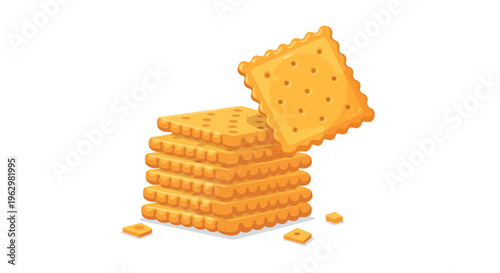 A digital illustration shows golden square crackers neatly stacked each cracker highlights unique perforations and wavy edges a crisp wholesome