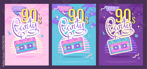 Set of retro colorful disco party posters, covers or banners of 80s-90s. Disco background with audio cassete, sunrise and palm trees. Flat design. Vector illustration