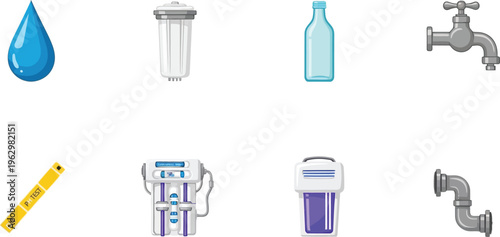 Collection of water-related icons including a water drop filter bottle faucet and plumbing elements for clean water concepts and design