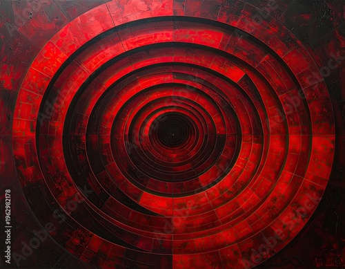 Red circles recede into dark center. Metallic texture