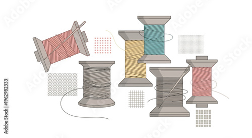 Flat Vector Illustration of Colorful Sewing Thread Spools, Needles, and Fabric Patterns for Tailoring, Crafting, and Fashion Design