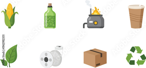 Set of eco-friendly icons including corn green liquid factory paper cup leaves spools cardboard box and recycling symbol for sustainable design