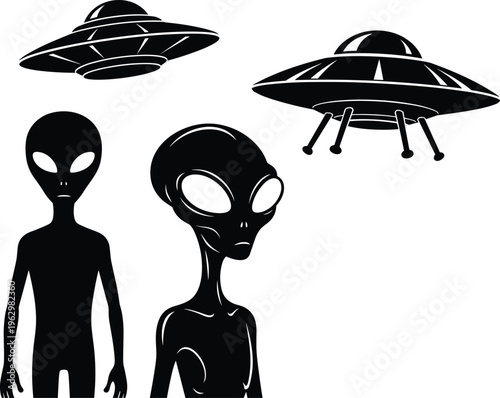 Alien and UFO silhouettes set with extraterrestrial characters and flying saucers, flat vector illustration for sci fi space mystery design