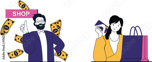 Man showing money while woman happily shops with credit card and shopping bag in hand