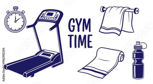Gym Time Workout Equipment Illustration Featuring Treadmill and Accessories