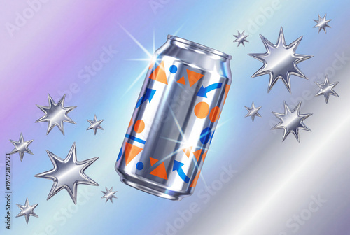 Metallic soda can with geometric patterns and silver stars on gradient background