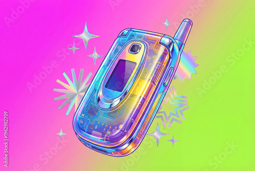 Retro Y2K transparent flip phone with holographic circuit board