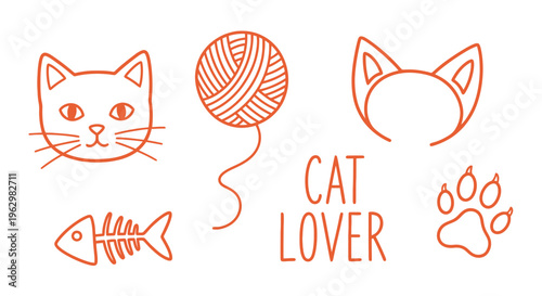 Charming set of outline cat illustrations featuring a feline face, paw print, yarn, fish skeleton, and 'cat lover' text, perfect for pet-themed designs and projects