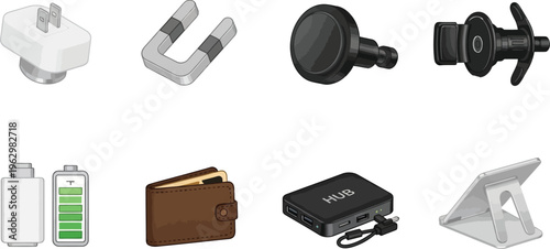 Collection of modern gadgets and accessories including a power adapter magnet car mount wallet USB hub and tablet stand isolated on white