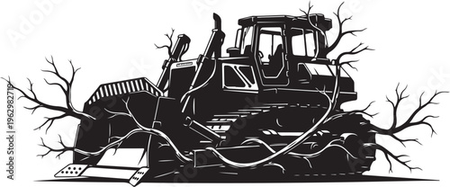 Black bulldozer with bare trees heavy machinery construction equipment