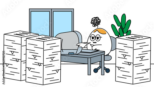 大量の書類に囲まれて仕事に追われるビジネスパーソンのイラスト・忙しさや業務過多を表現