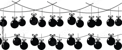 Christmas hanging ornaments decoration, festive baubles with bows, holiday vector illustration, decorative black design elements, flat vector illustration