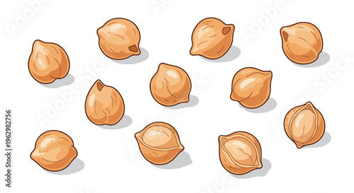 A vibrant digital illustration of numerous nutritious chickpeas scattered across a clean white backdrop, emphasizing healthy plant-based protein,