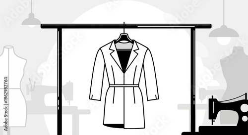 Minimalist Vector Illustration of a Tailored Blazer on a Clothing Rack in a Fashion Atelier Studio