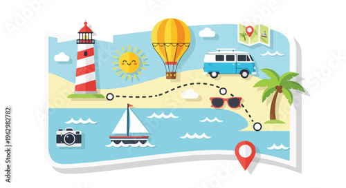 A vacation illustration featuring several travel-themed objects