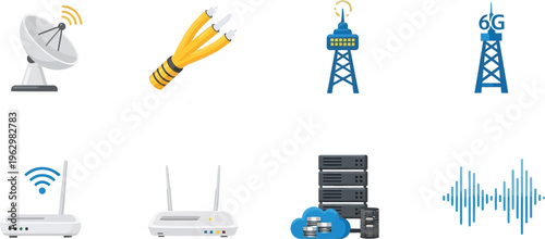 Collection of communication technology icons including satellite dish fiber optics cell towers routers servers and sound waves for network and data concepts
