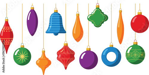 Colorful Christmas ornaments set with hanging baubles festive decoration balls vector illustration holiday design collection for seasonal celebration