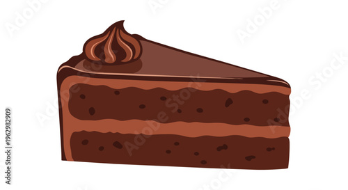 A delightful individual serving of rich layered chocolate dessert illustration featuring creamy topping
