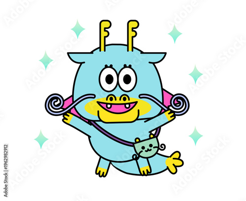 笑顔で喜ぶドラゴン風キャラクター・成功やポジティブを表現したポップなイラスト