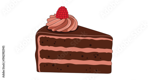A delicious slice of rich chocolate cake with creamy pink frosting layers and a fresh raspberry on top