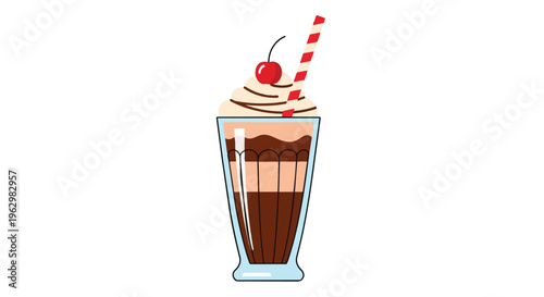 Delicious layered chocolate cream drink art in glass with whipped topping bright red cherry striped straw inviting digital graphic for sweet craving