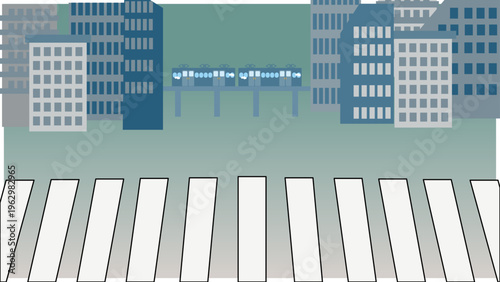 都会の横断歩道とビルの背景イラスト・通勤や都市風景を表現したシンプル素材